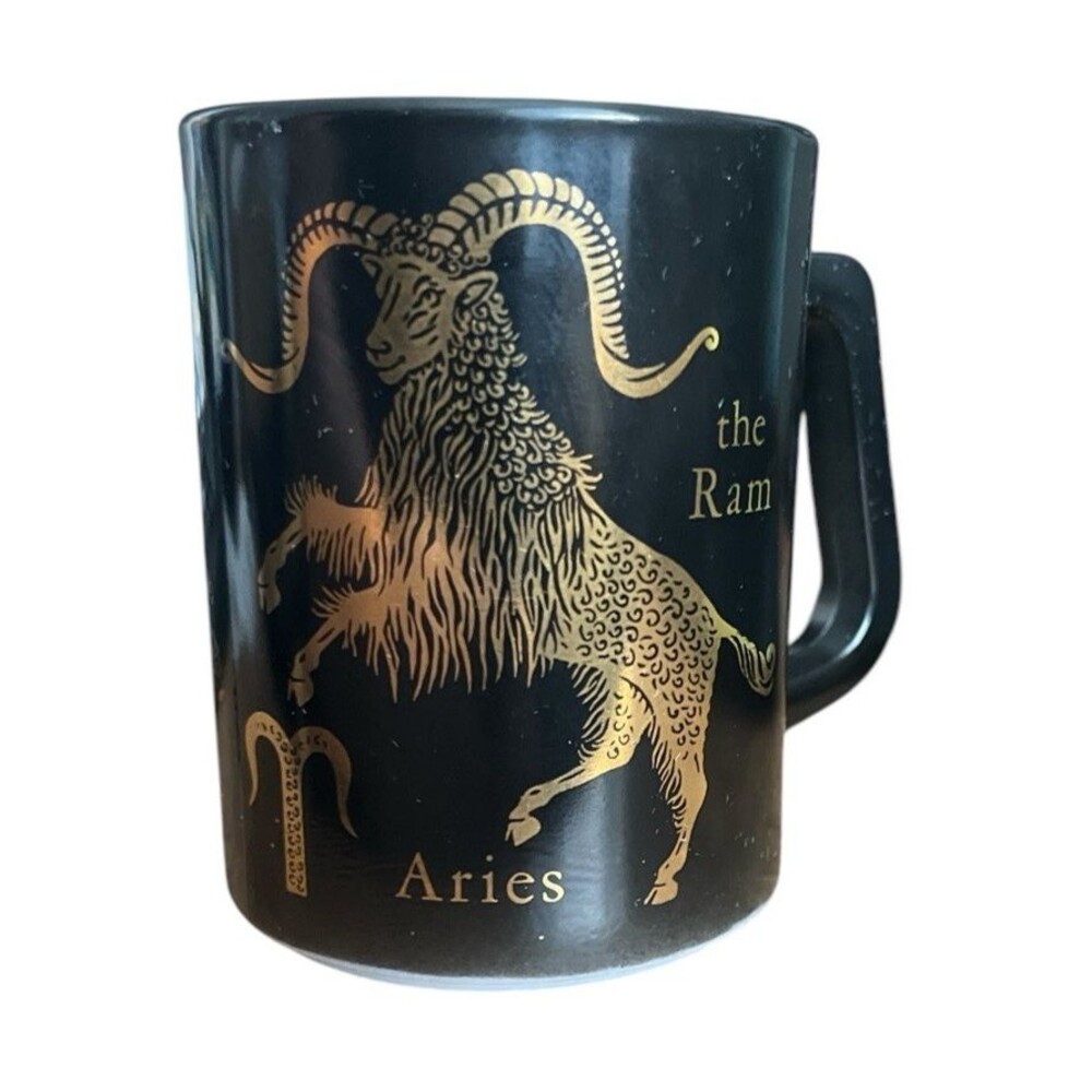 Vtg Federal Glass USA Aries the Ram Black Gold Coffee Mug Cup Zodiac Astrology